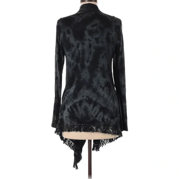 American Age Open Front Boho Fringe Acid Wash Black Tie Dye Cardigan Sz Small - Picture 3 of 16